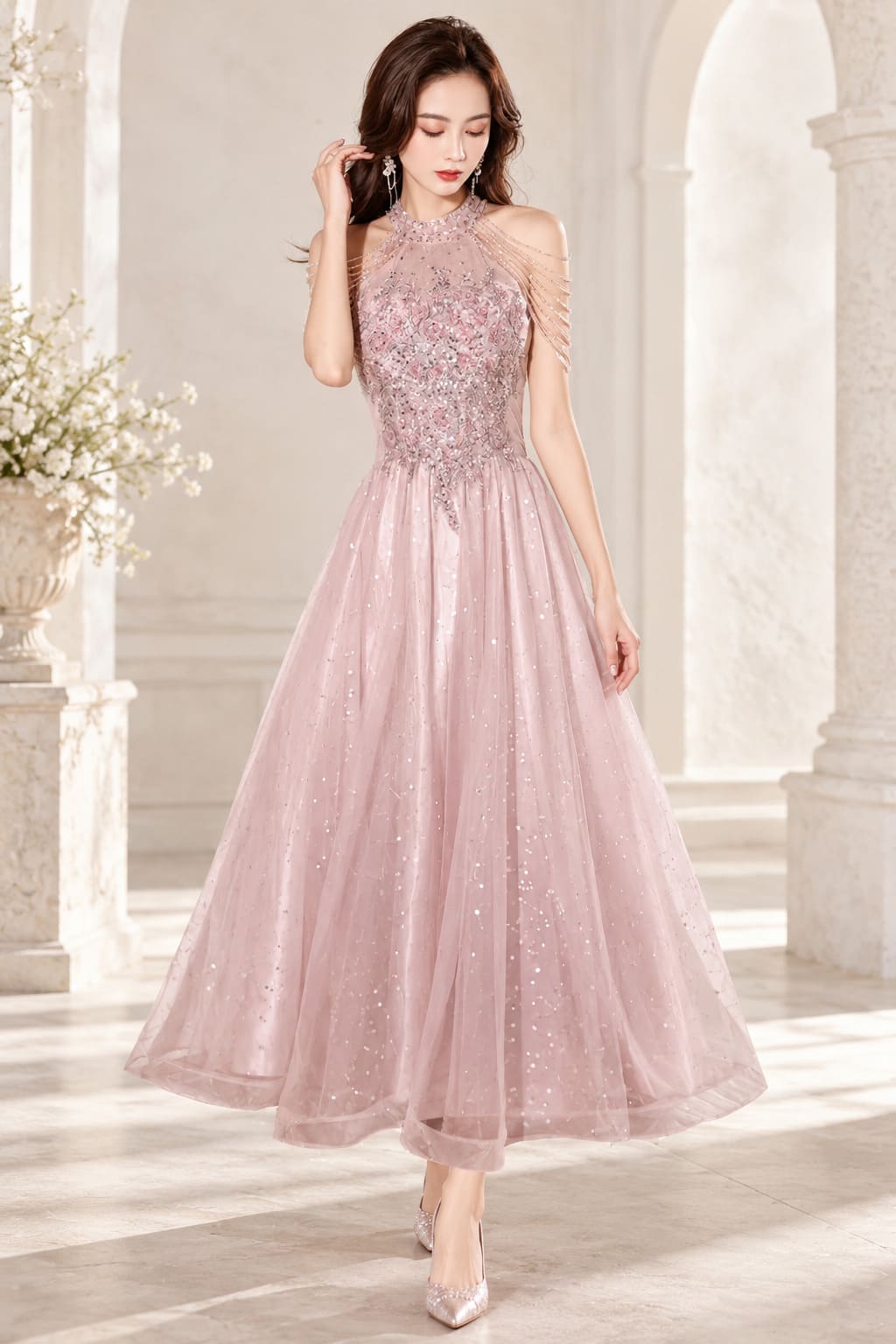 Robe Rose Poudré Mi Longue – Carmelle
