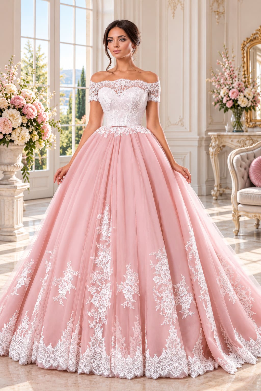 Robe de Mariée Blanche et Rose Pastel – Cassandra